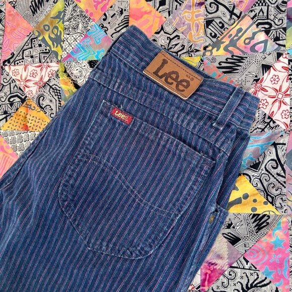VTG Lee Railroad Pinstripe High Waist Made USA 13 Womens Jeans Leather Patch 80s - Picture 2 of 8